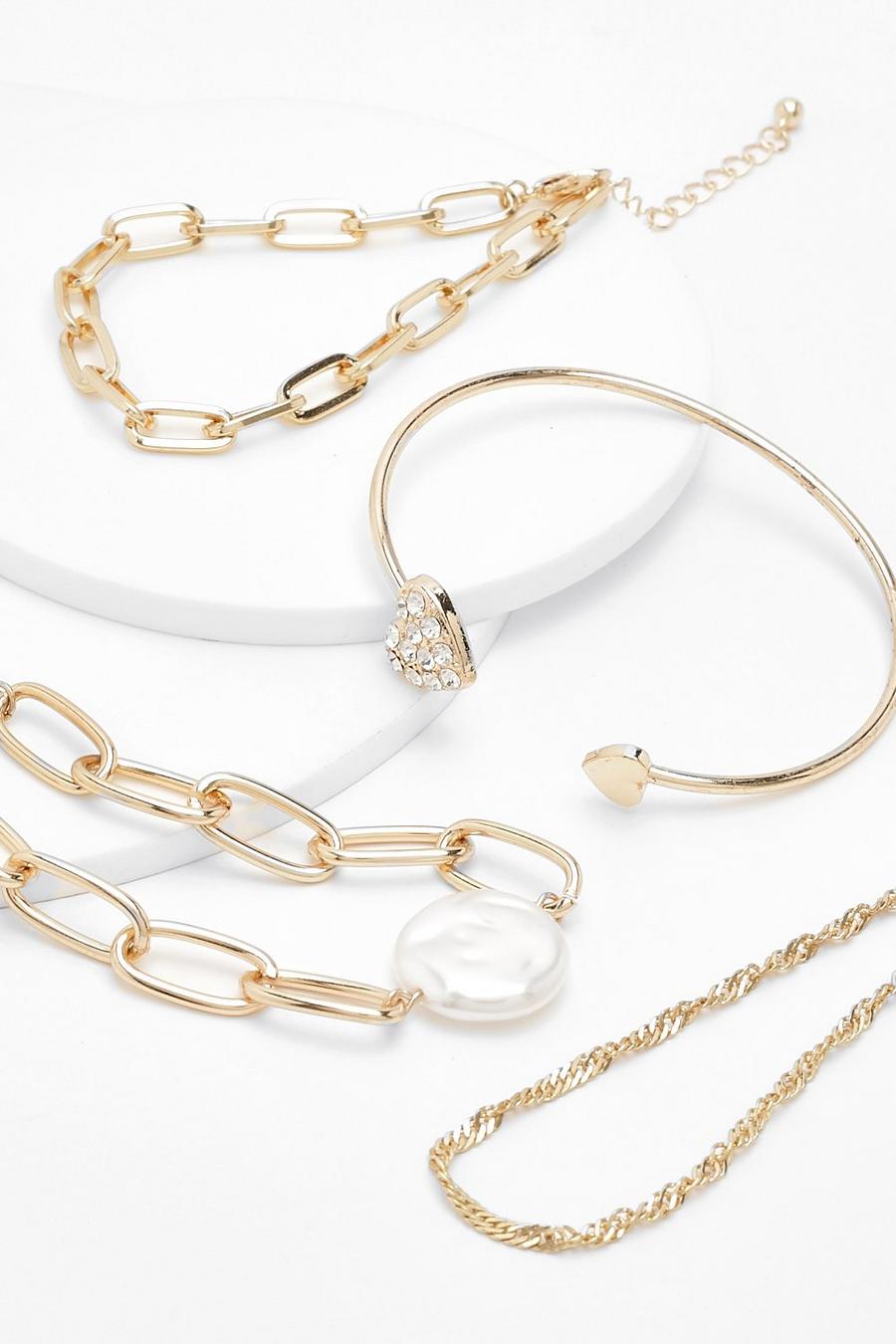 Set de pulsera y brazalete gruesos con ribete de perlas, Gold image number 1