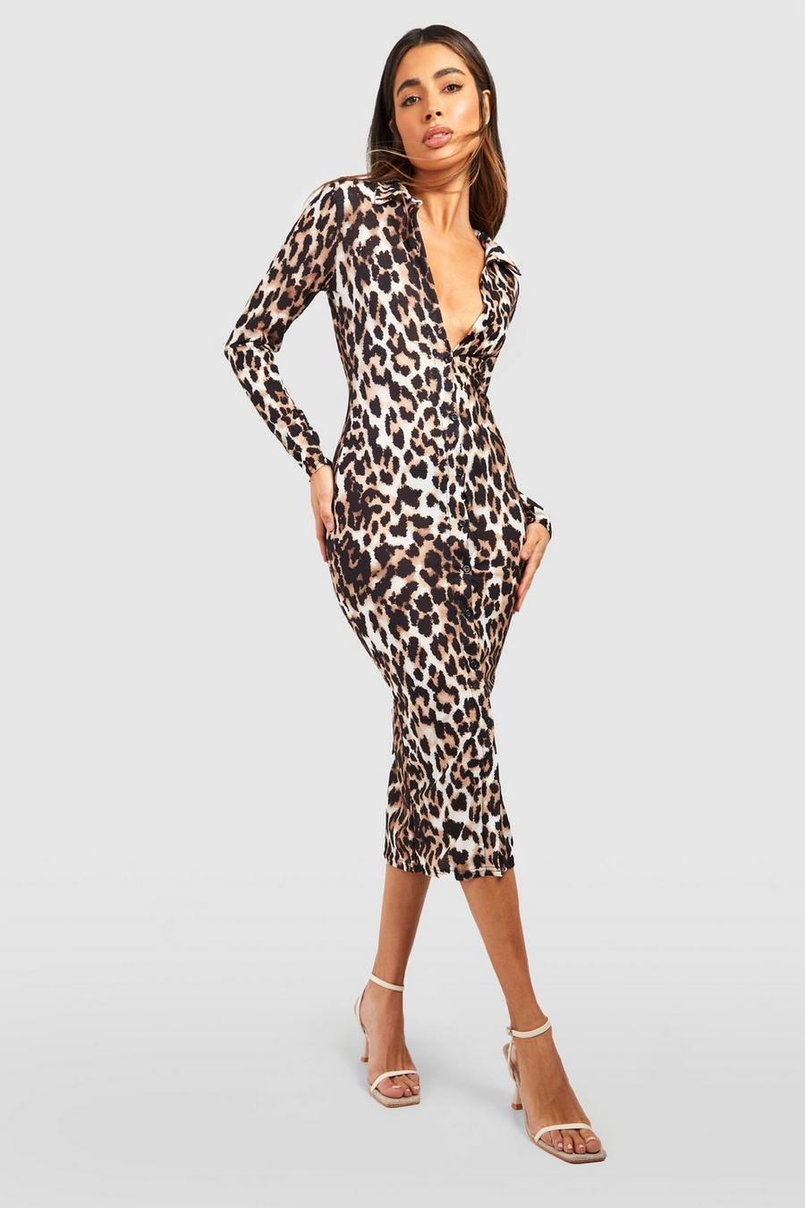 Vestido camisero midaxi texturizado con estampado de leopardo, Brown
