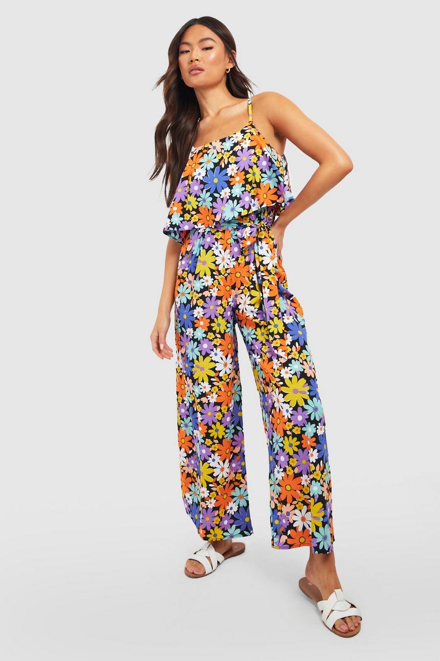 Black Strappy Floral Jumsuit