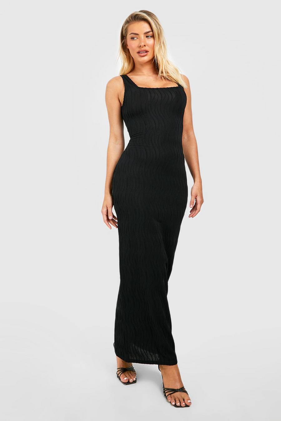 Black Textured Wave Rib Maxi Dress image number 1