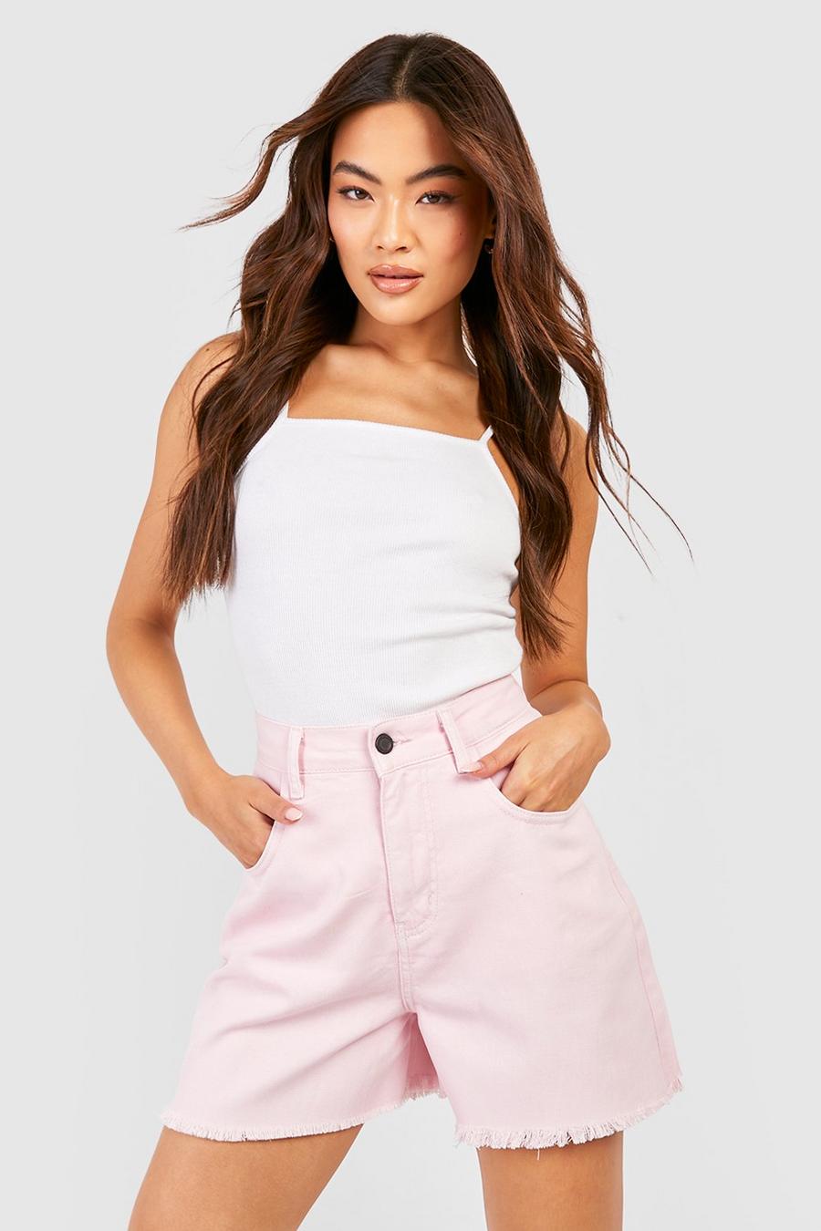 Pantaloncini Mom in denim rosa pastello con fondo sfilacciato, Pastel pink image number 1