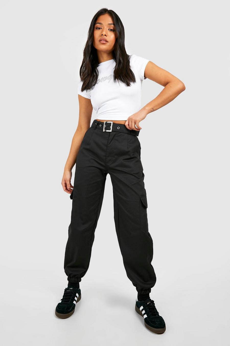 Black Petite Eyelet Belted Cargo Cuffed Track Pants
