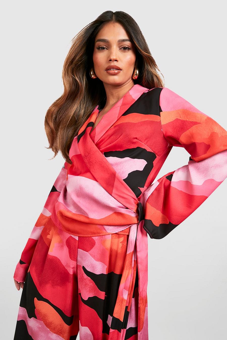 Pink Abstract Fluid Wrap Front Tie Waist Blouse