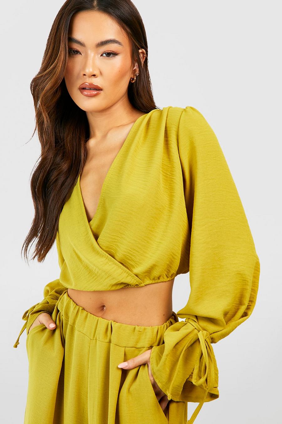 Chartreuse yellow Hammered Tie Cuff Wrap Front Blouse