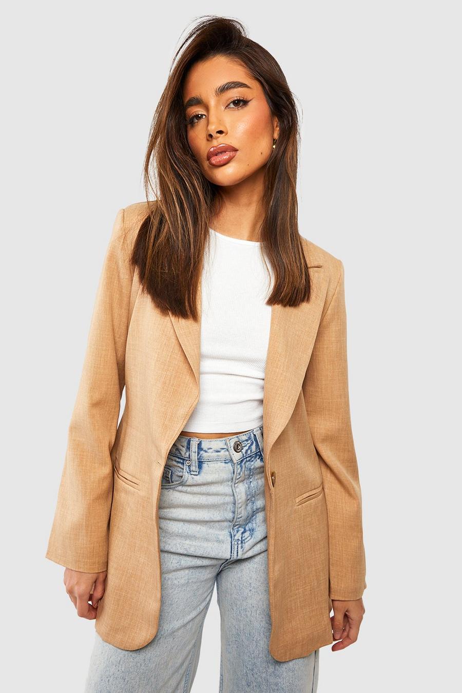 Camel Tonal Linen Look Relaxed Fit Blazer