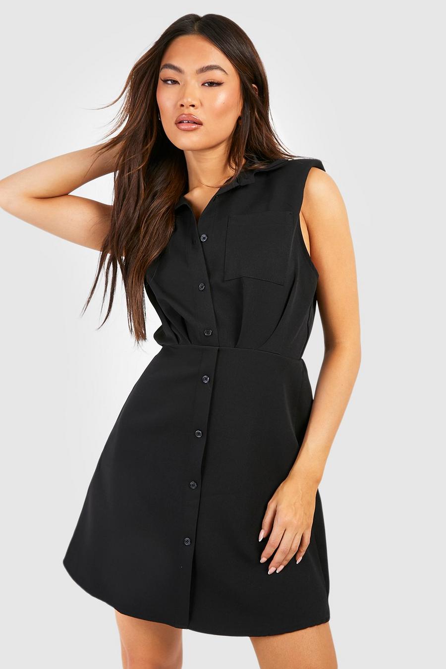 Black Shoulder Pad Pocket Detail Tailored Shirt Dress