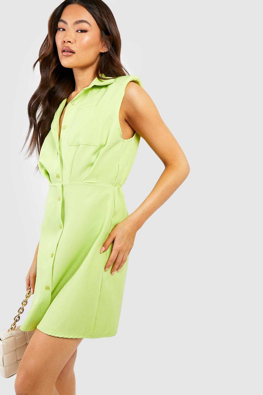 Soft lime Shoulder Pad Pocket Detail Tailored Shirt Dress