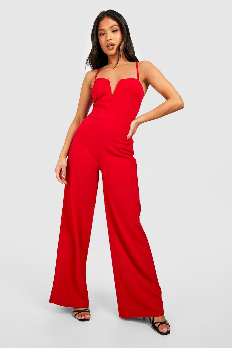 Red Petite Wide Leg Jumpsuit Met Harvormige Hals En Bandjes