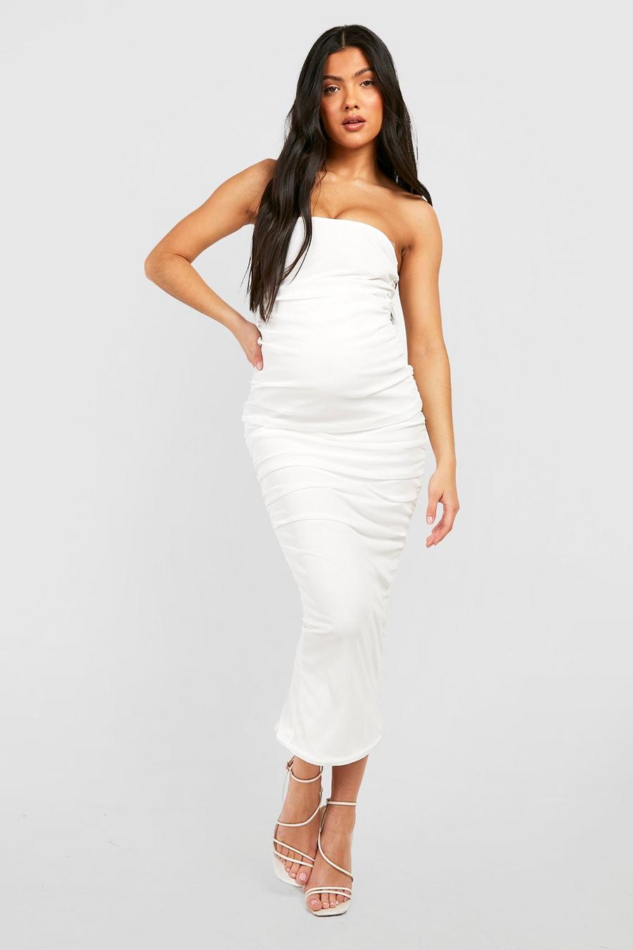 Ivory white Maternity Bandeau Ruched Mesh Midaxi Dress