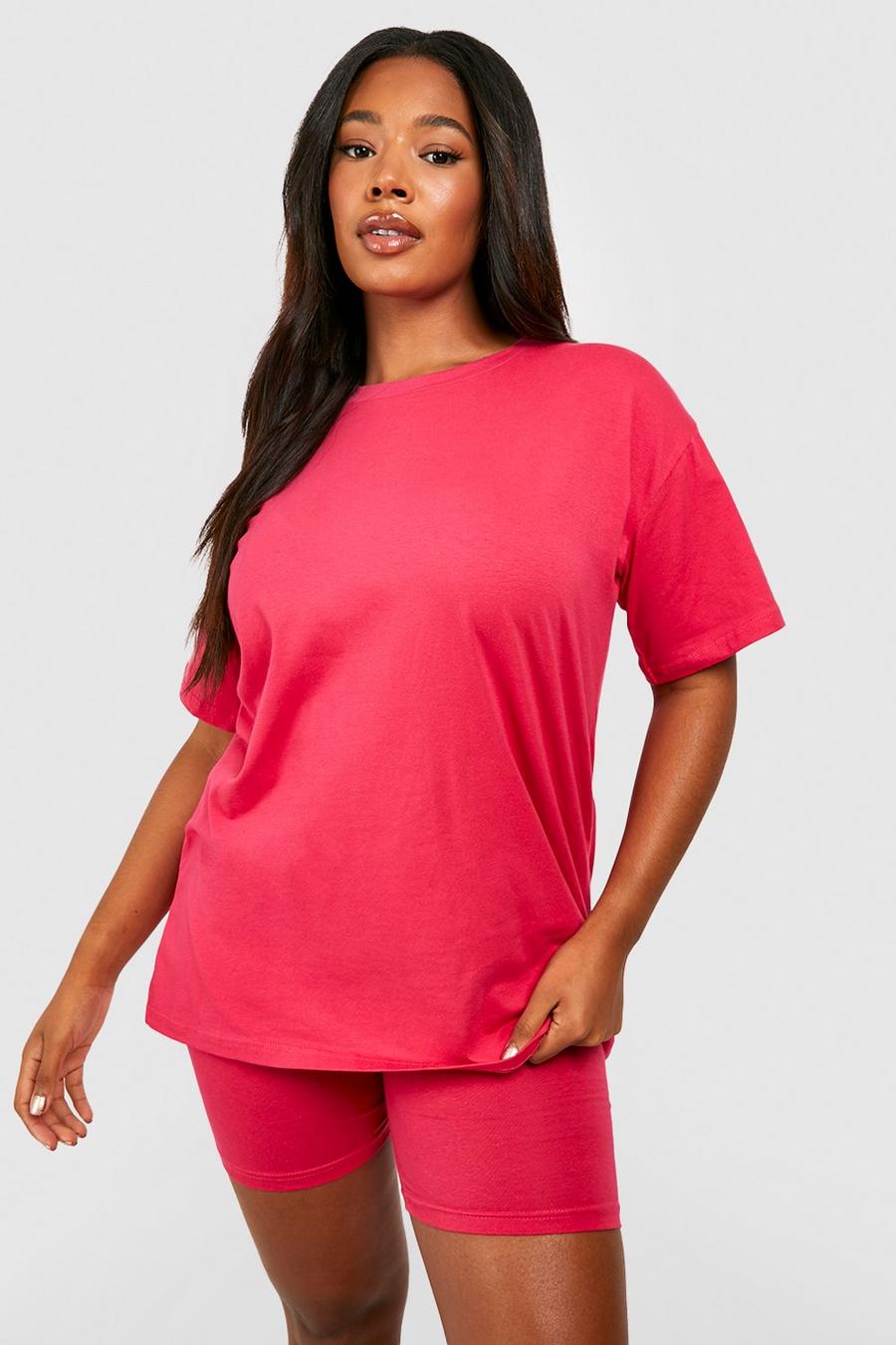 T-shirt Plus Size oversize & pantaloncini da ciclista, Hot pink