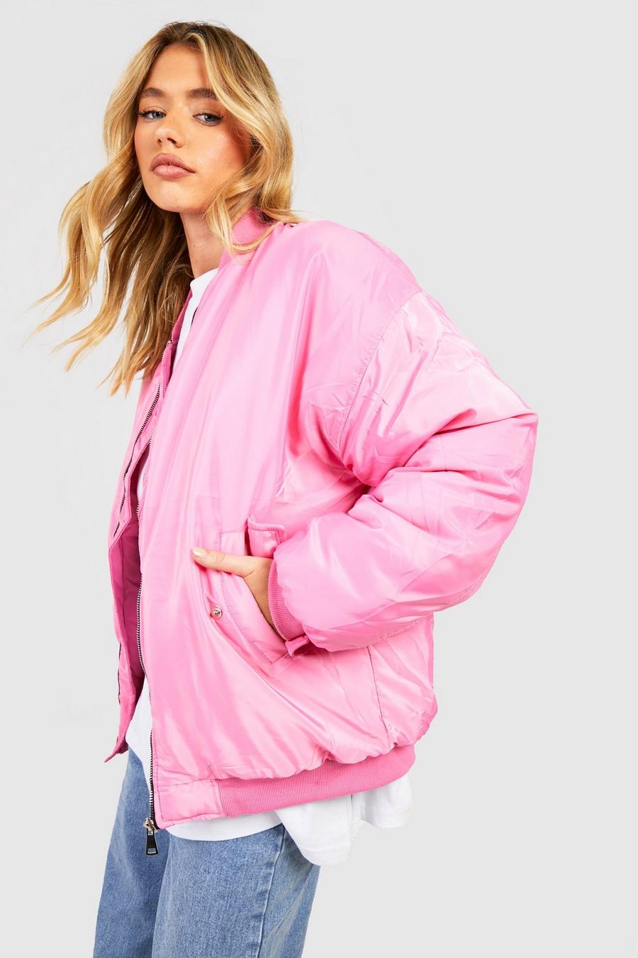 Pink Oversized Bomber Jacket image number 1