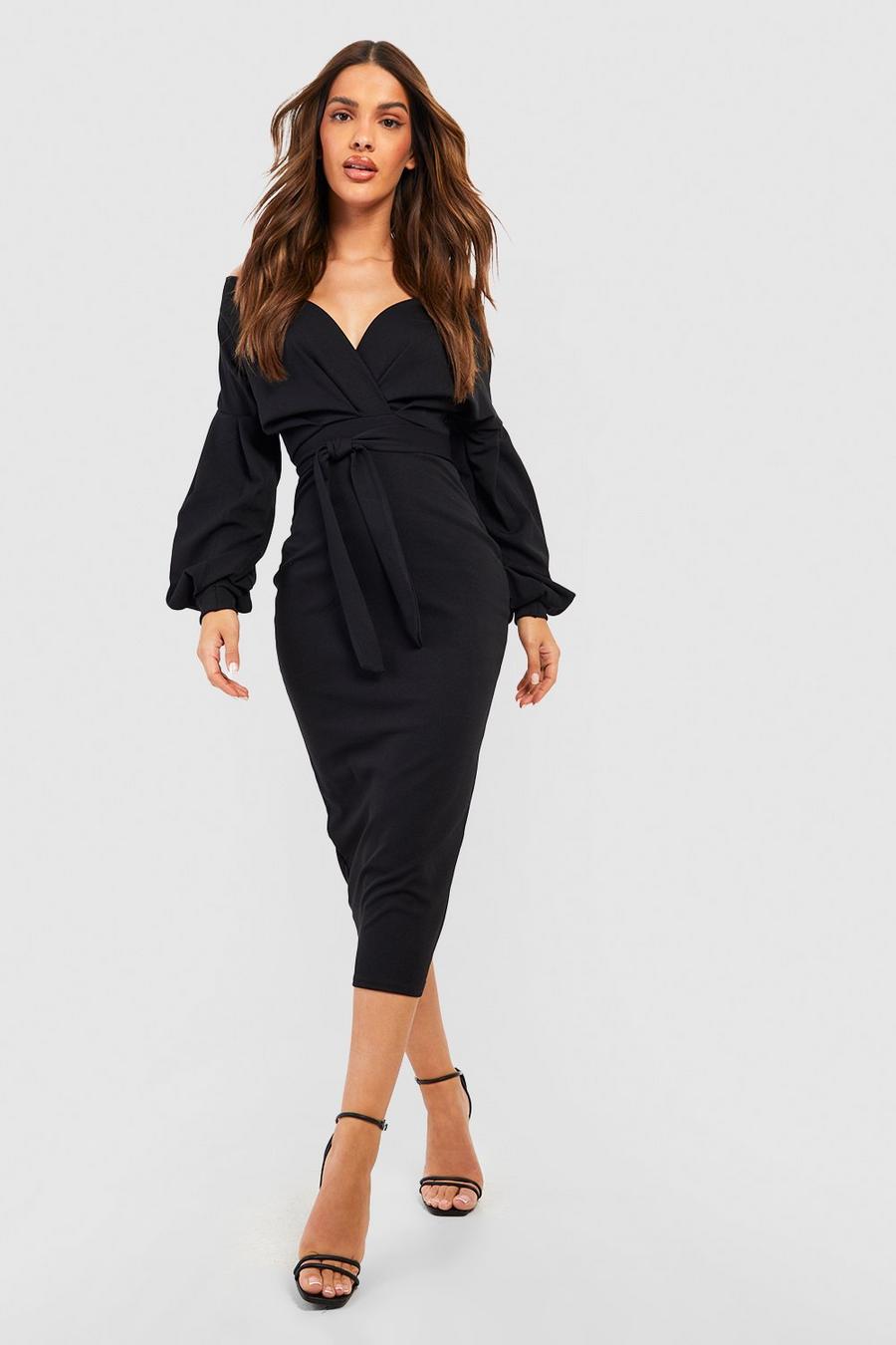 Black Off The Shoulder Wrap Midi Dress