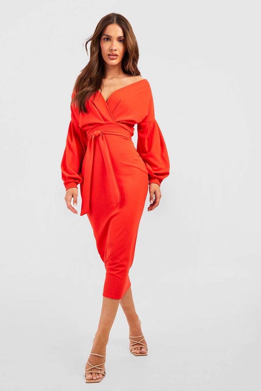 Orange Off The Shoulder Wrap Midi Dress