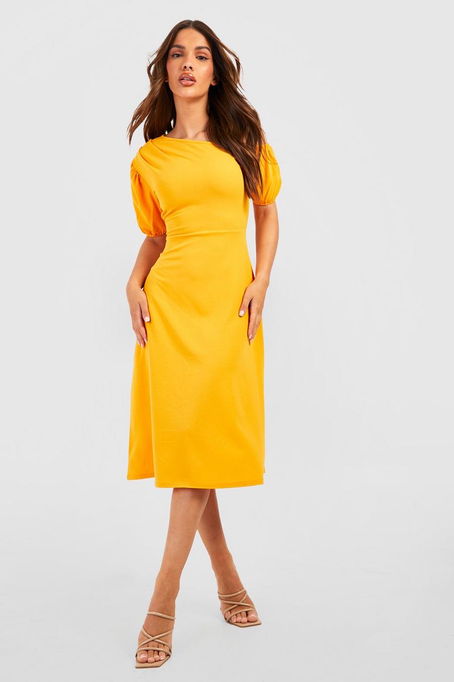 Orange Puff Sleeve Assymetric Midi Dress