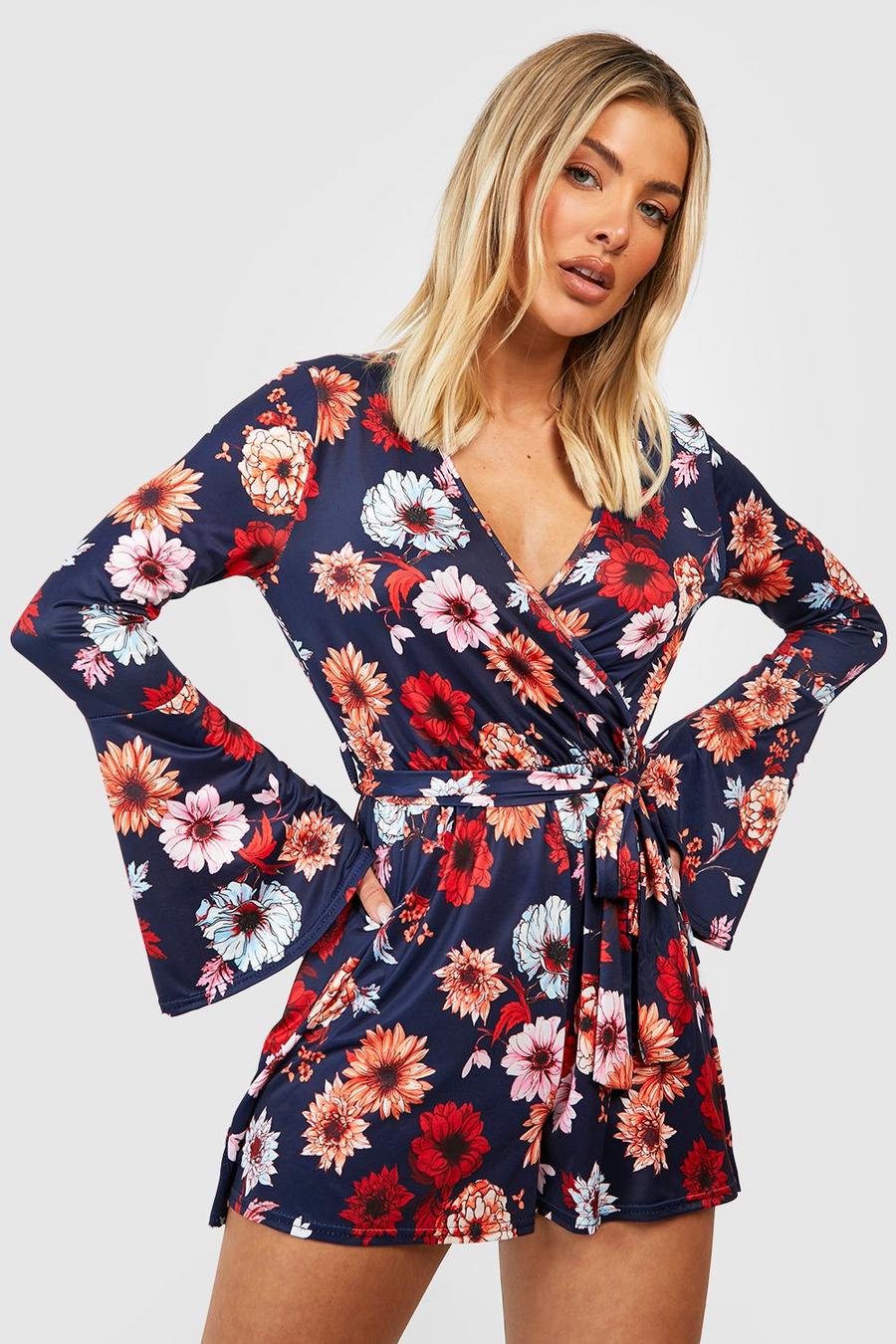 Navy Floral Flare Sleeve Wrap Playsuit 