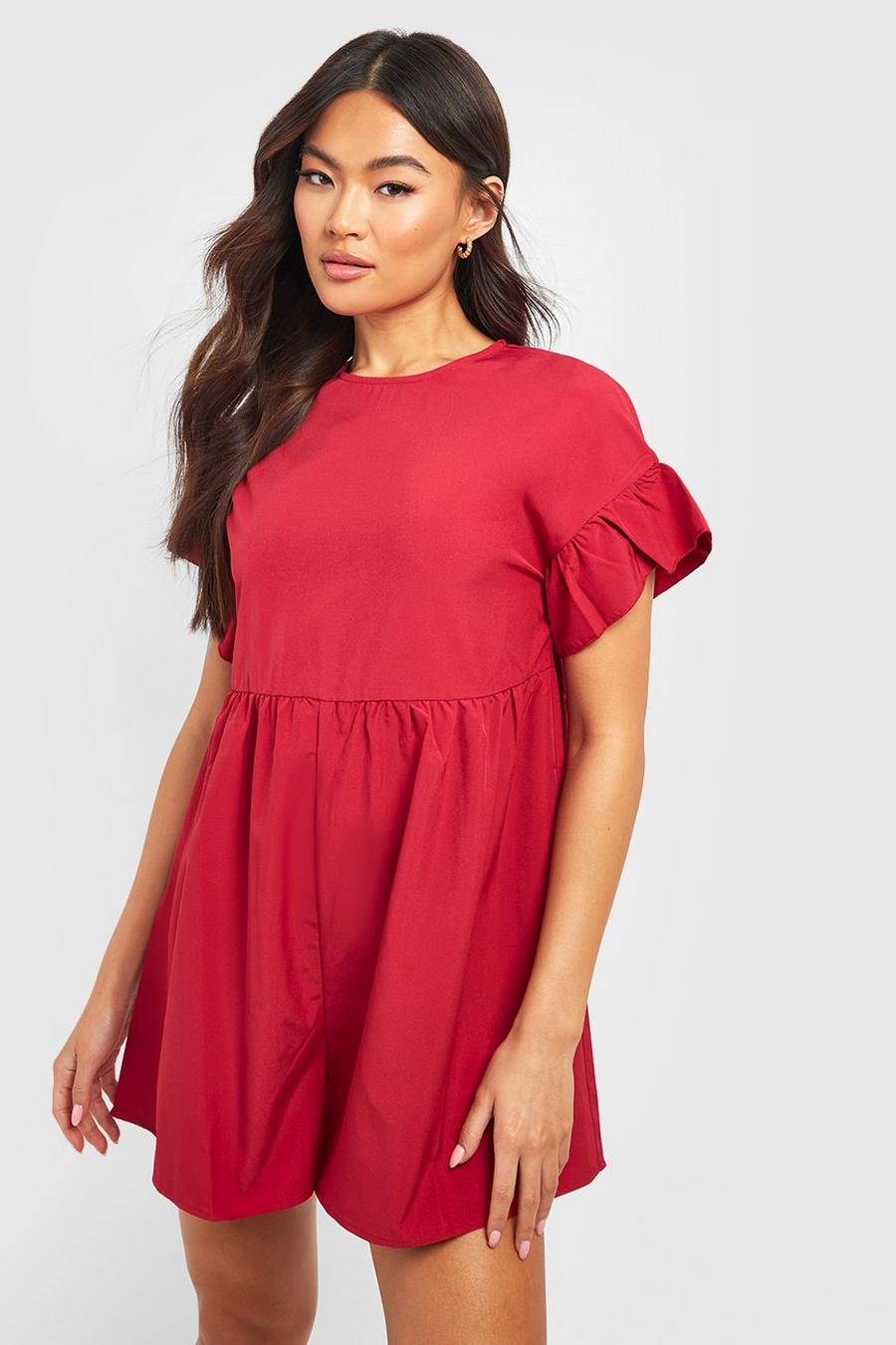 Berry red Frill Sleeve Smock Playsuit