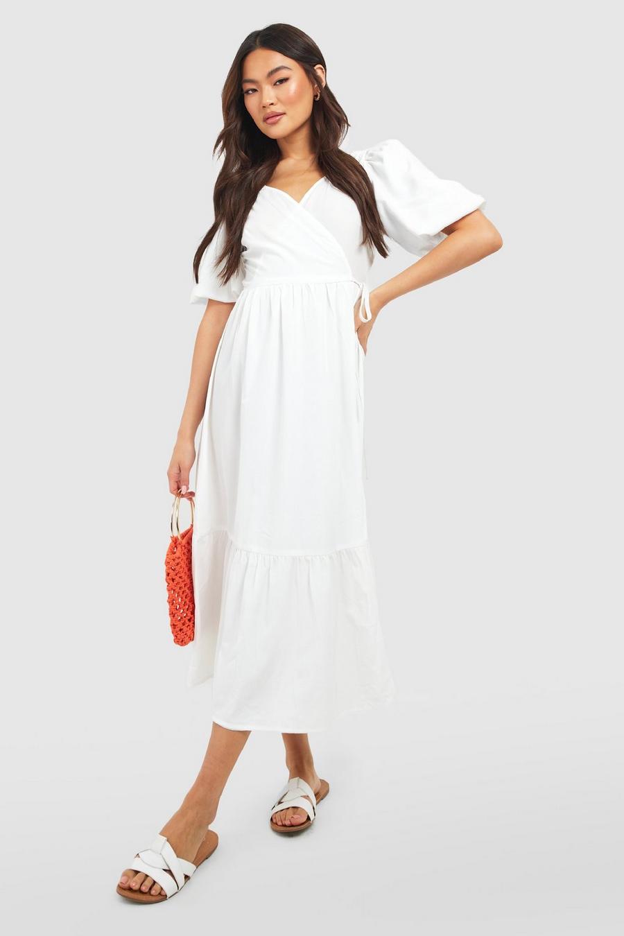 White Wrap Puff Sleeve Midaxi Dress