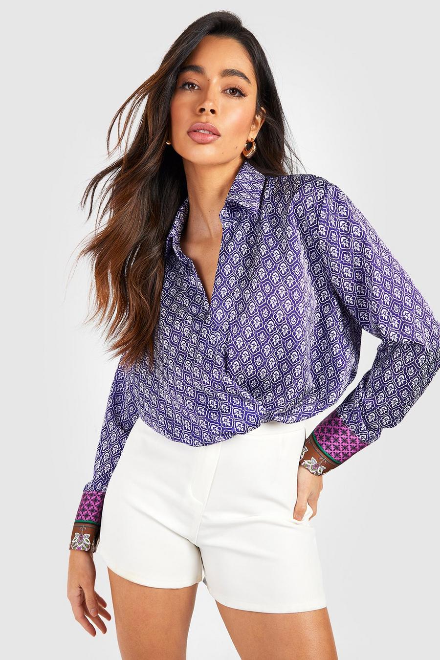 Satin Contrast Print Wrap Over Blouse image number 1
