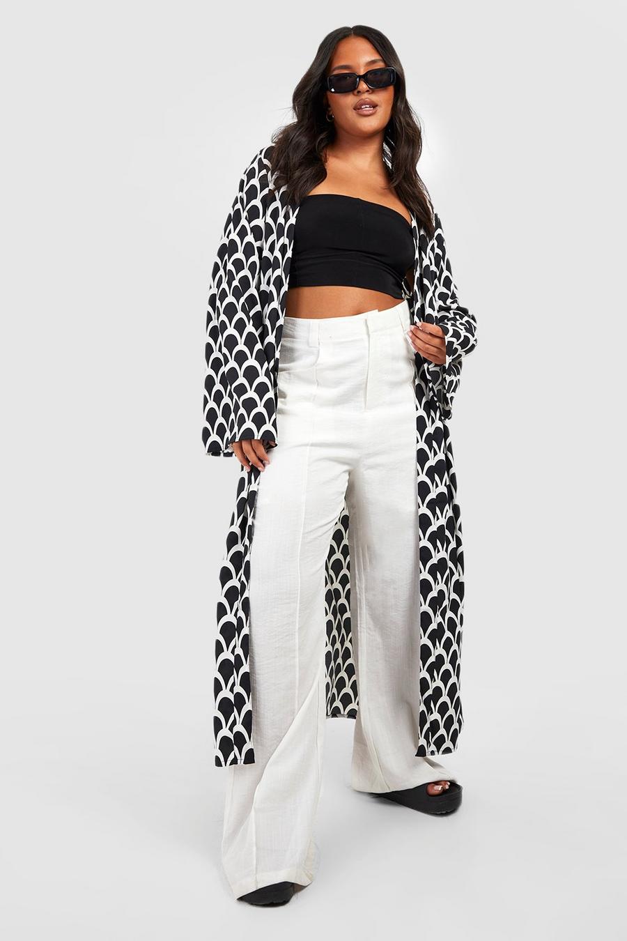 Kimono maxi Plus Size con stampa di motivi geometrici, Black image number 1