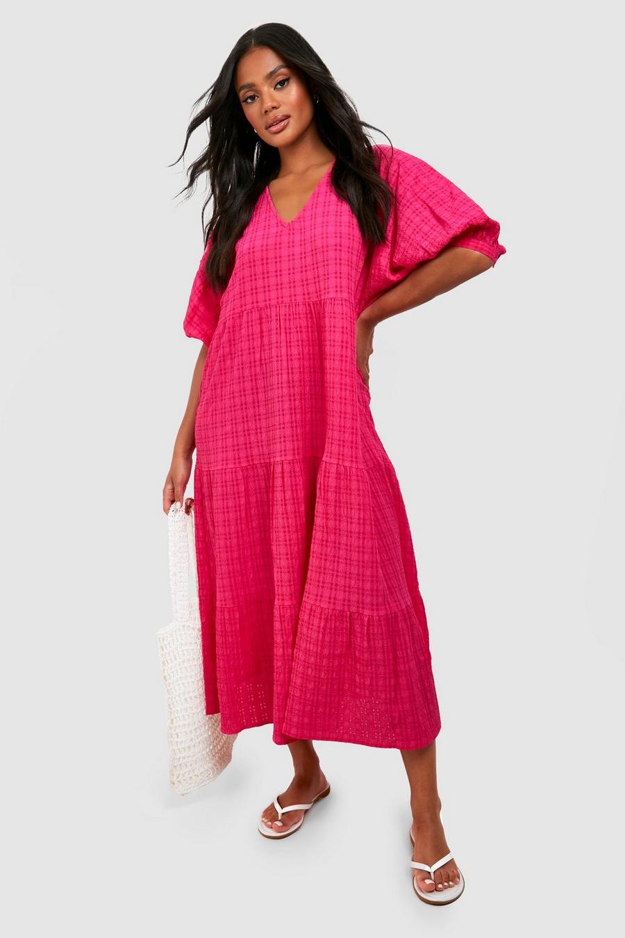 Pink Textured Puff Sleeve Tiered Midi Dress