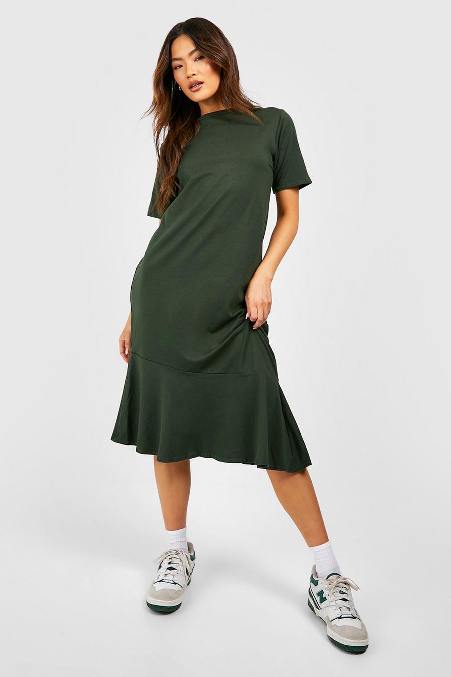 Khaki Cotton Asymetric Oversized Midaxi T-shirt Dress