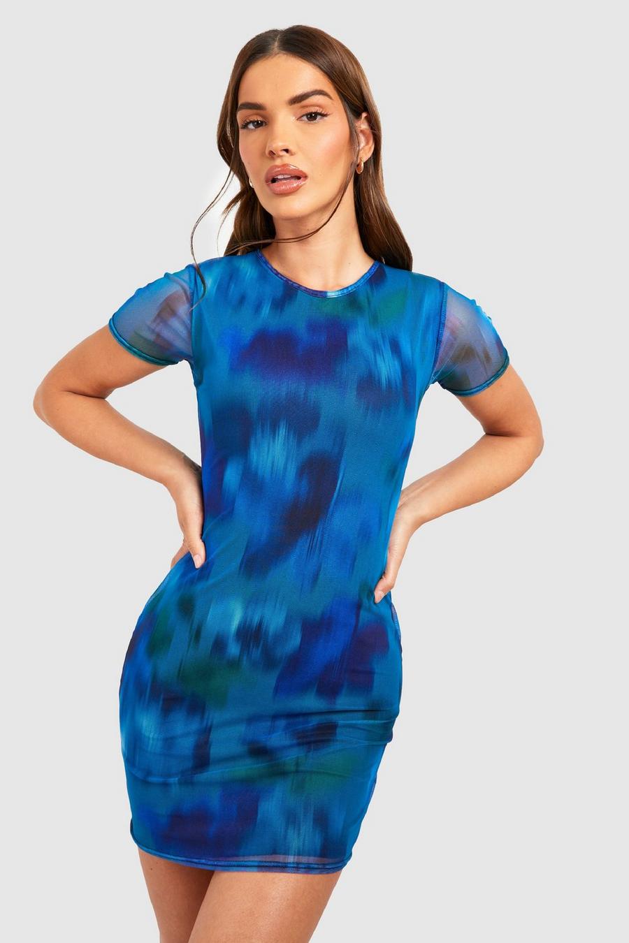 Blue Abstract Floral Mesh Mini Dres