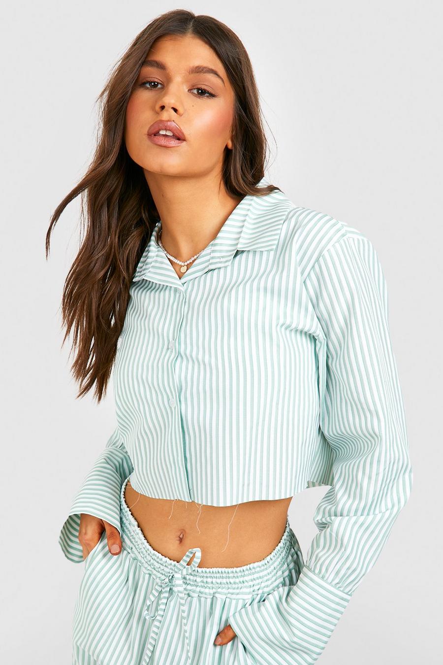 Green Poplin Stripe Raw Edge Boxy Crop Shirt