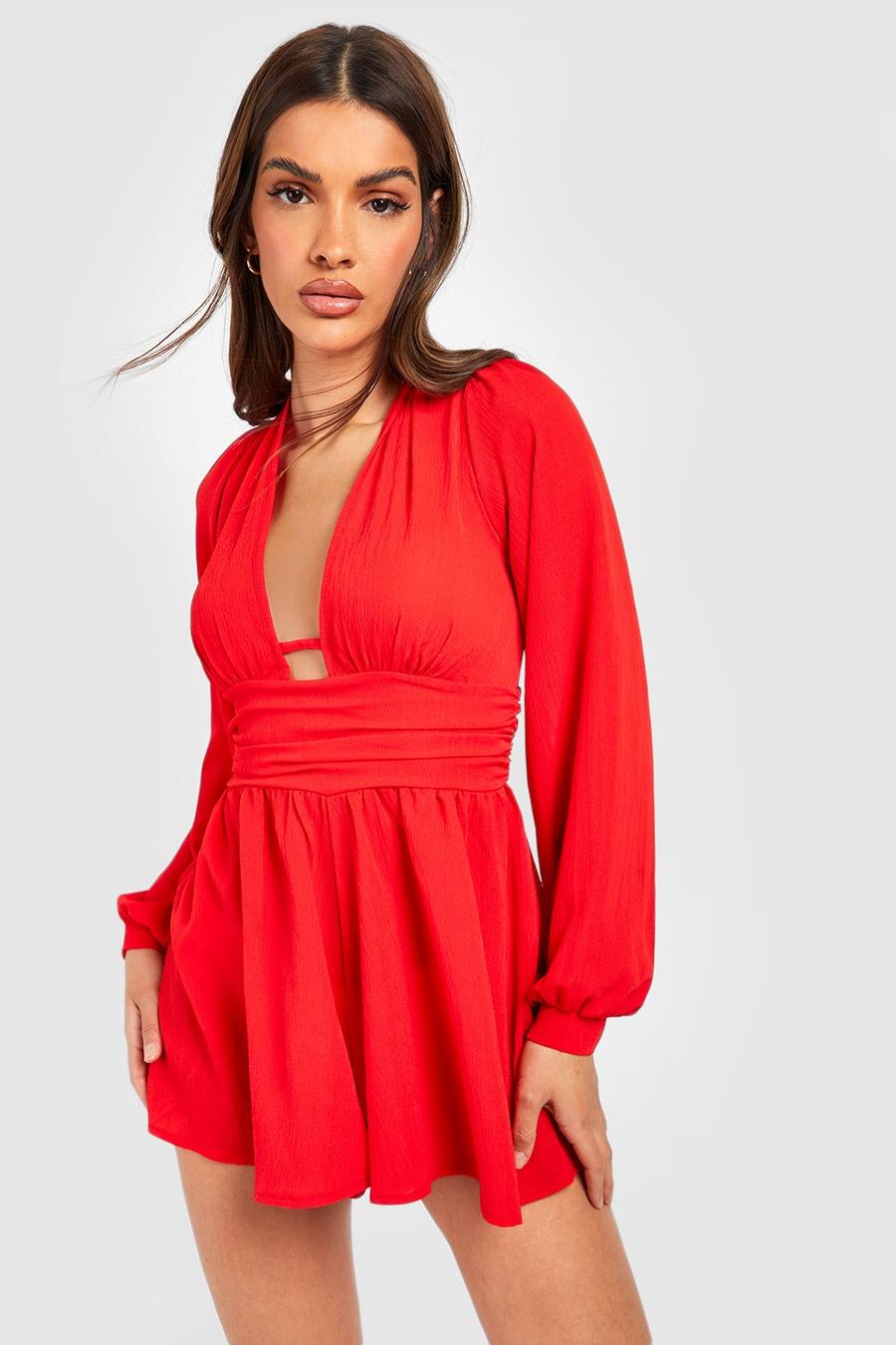 Red Textured Woven Plunge Romper