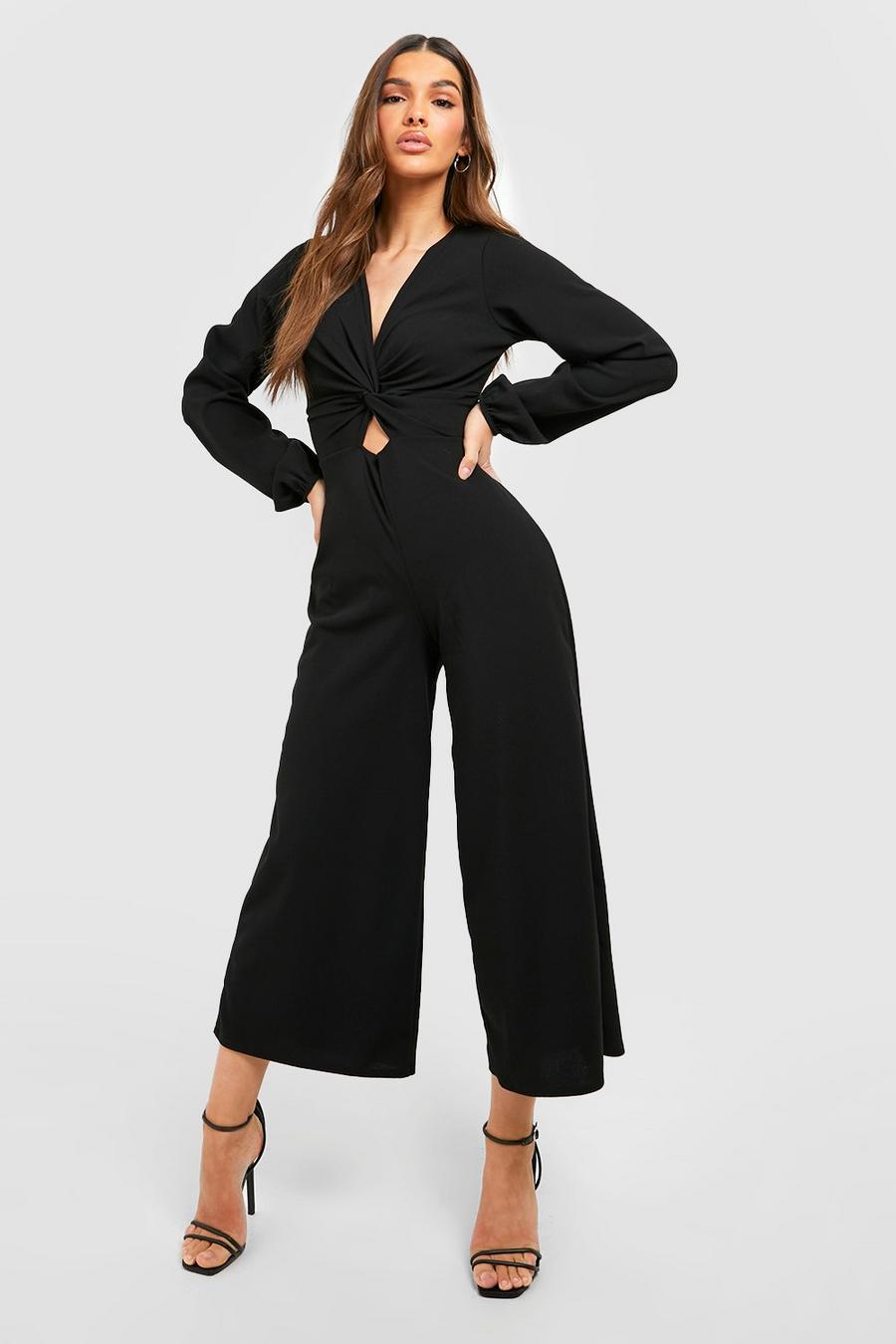Black Puff Sleeve Twist Detail Culotte Jumpsuit