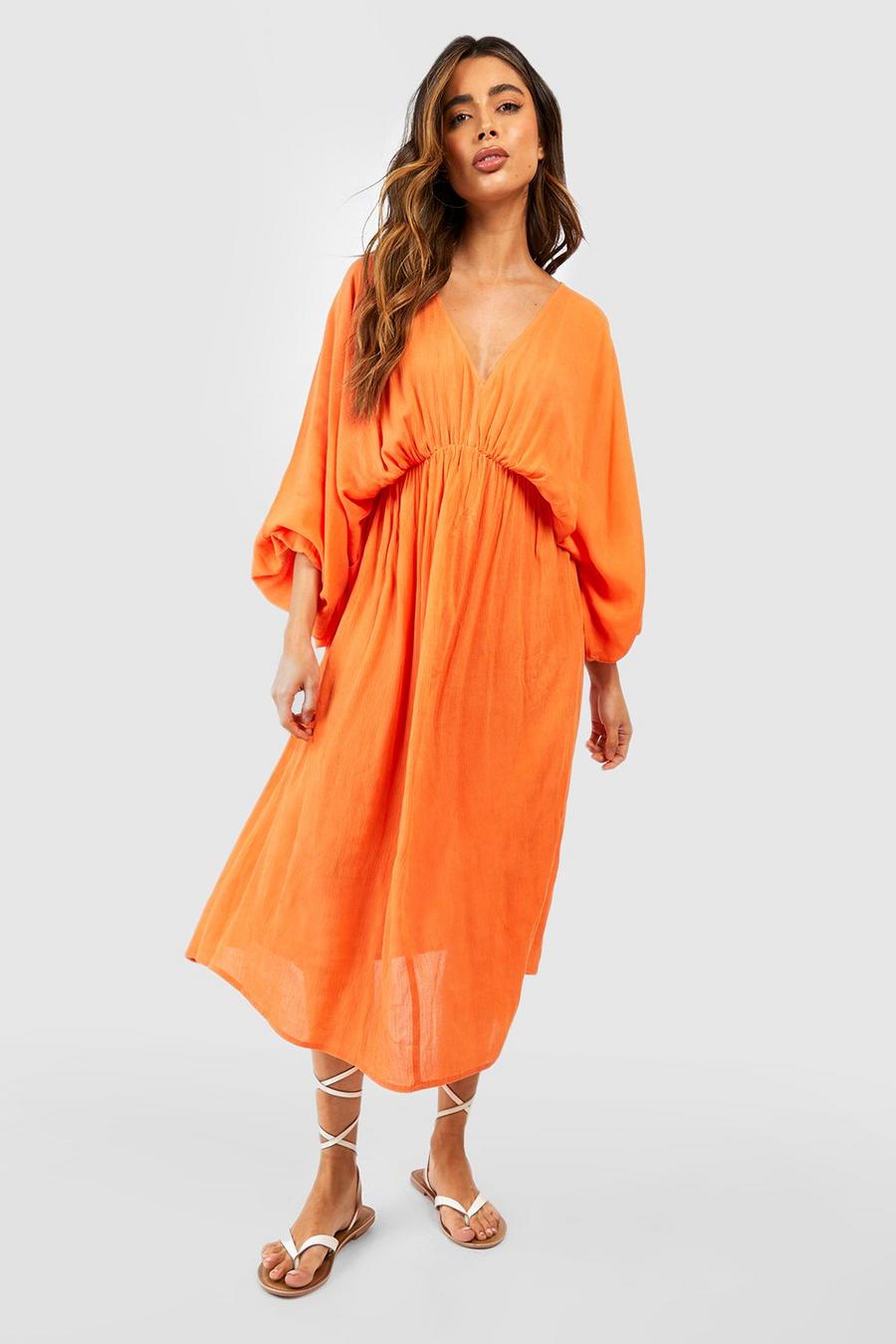 Vestito midi in cotone drappeggiato con maniche ad ala di pipistrello, Orange