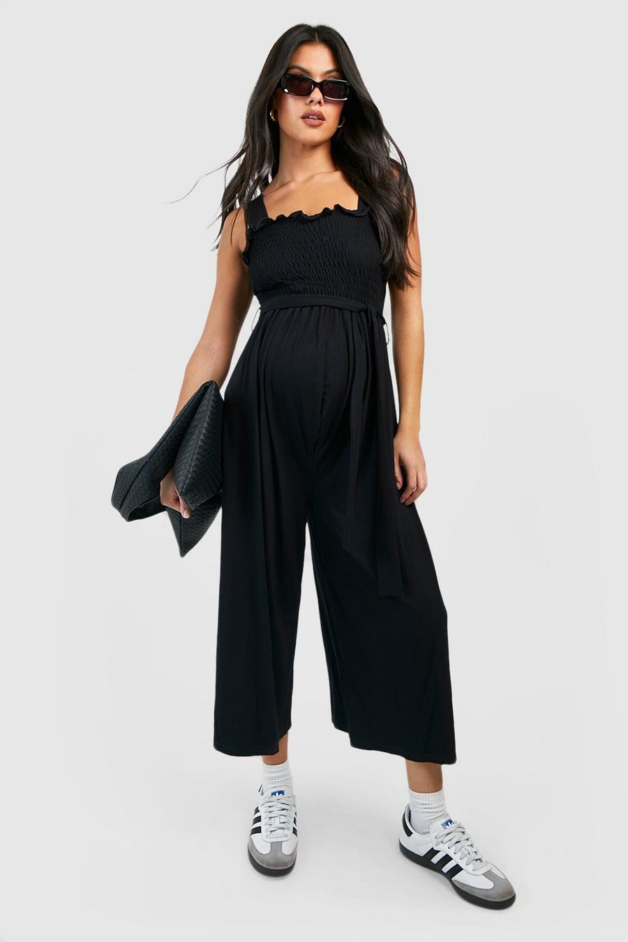 Black Maternity Shirred Flippy Belted Jumpsuit image number 1
