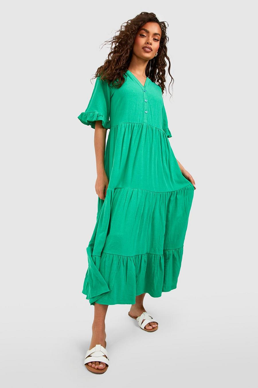 Green Linen Tiered Midaxi Smock Dress