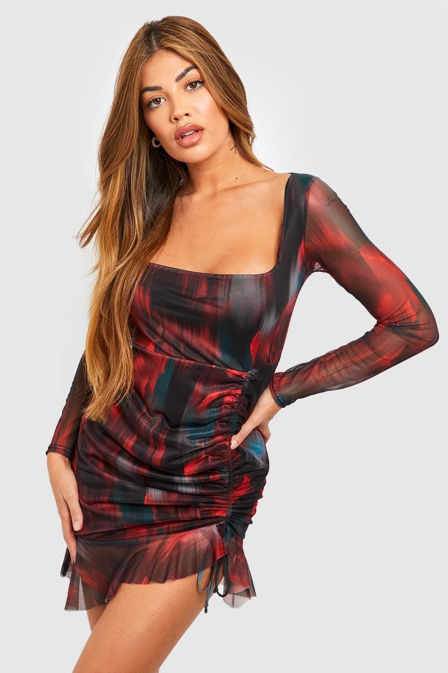 Red Abstract Floral Rouched Mesh Mini Dress