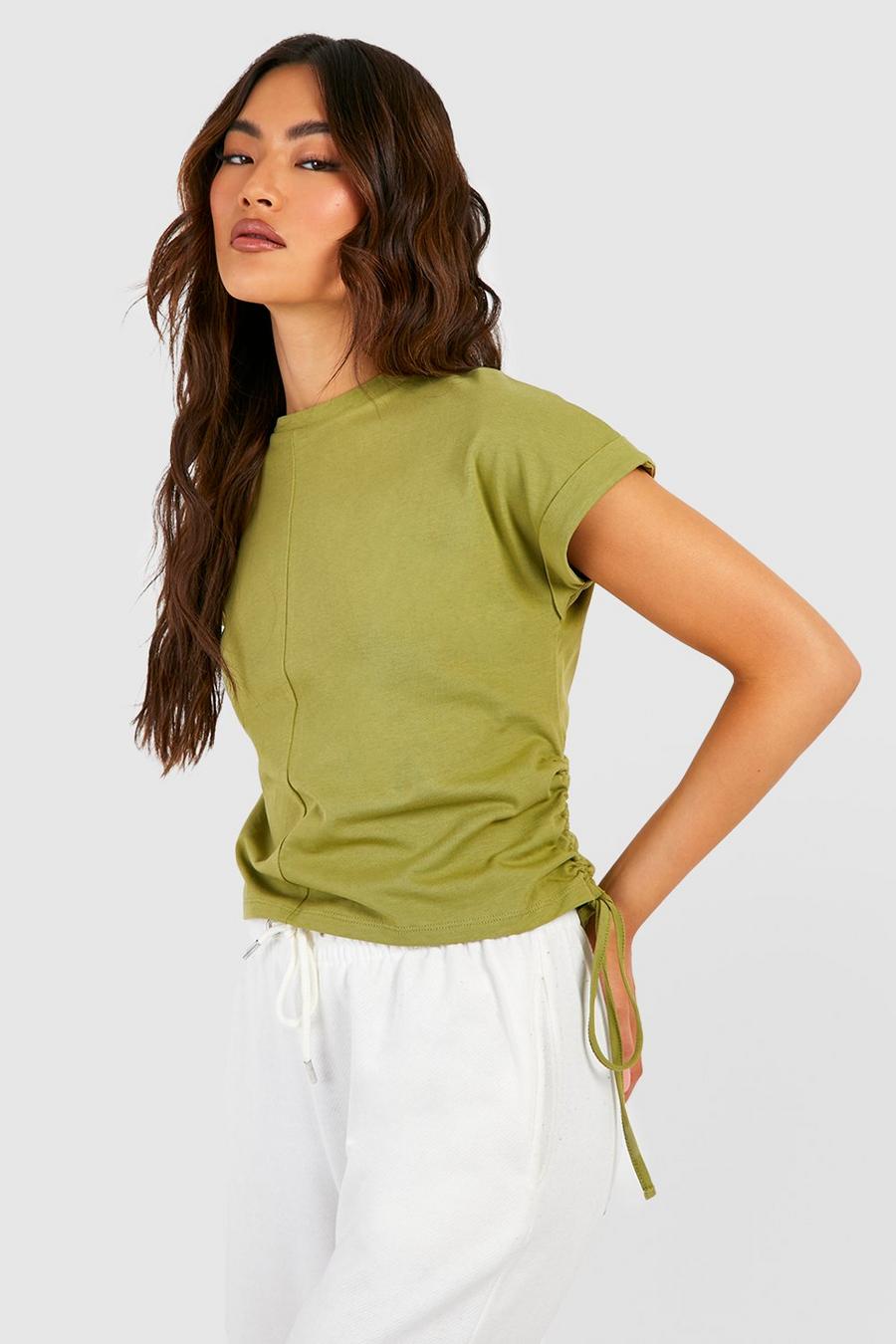 Kurzes T-Shirt mit gerollten Ärmeln und seitlicher Raffung, Green