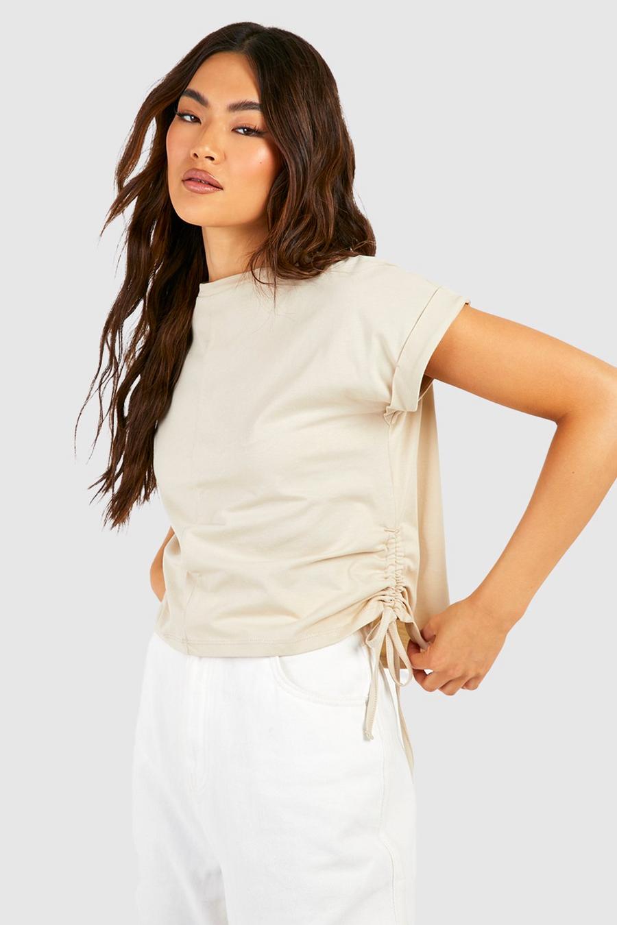 Stone Ruched Side Roll Sleeve Crop T-shirt