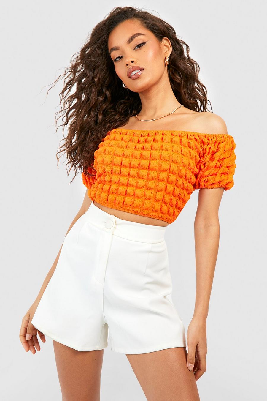Popcorn Textured Puff Sleeve Off The Shoulder Cropped Top