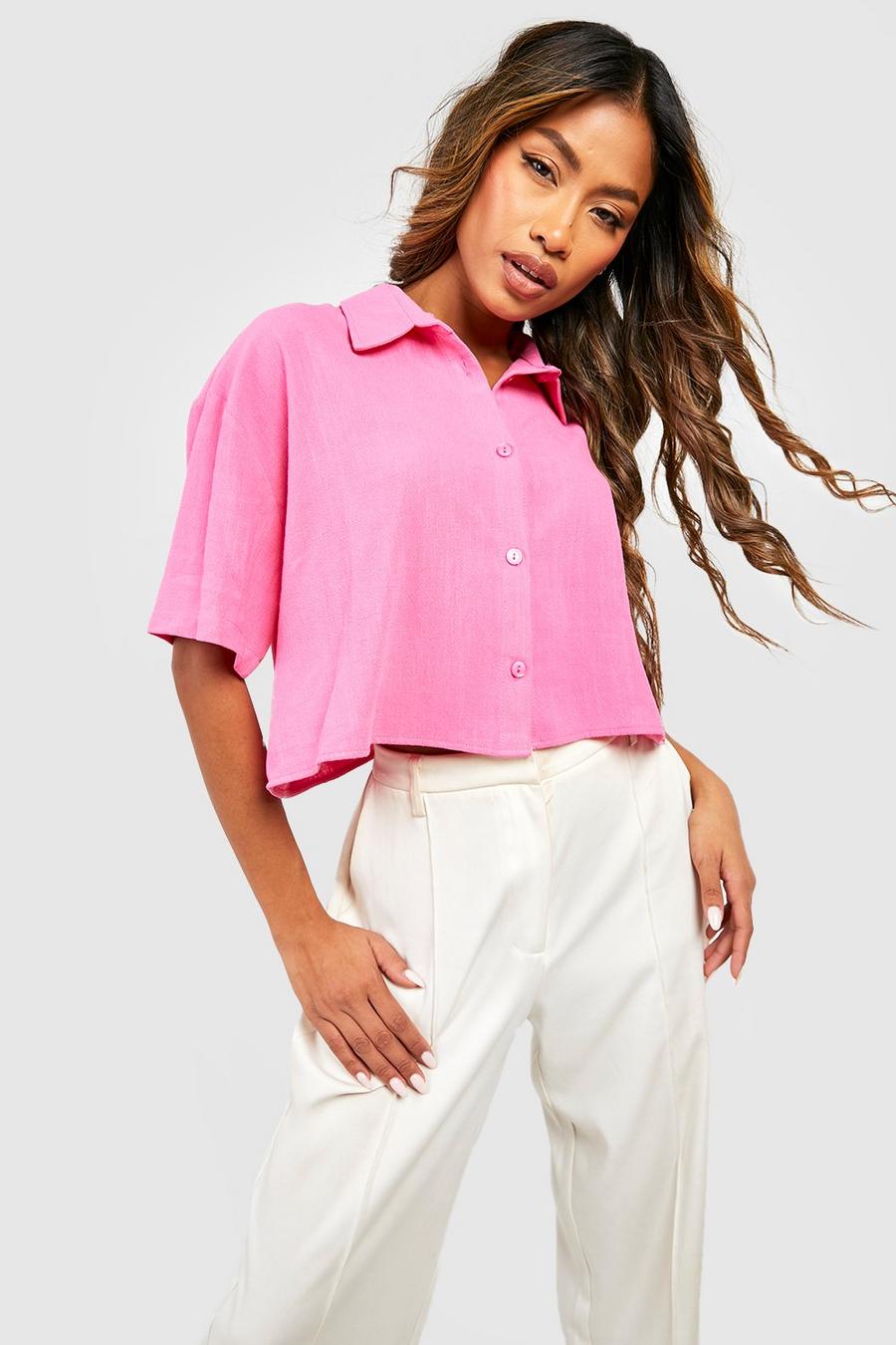 Bright pink Linen Mix Oversized Boxy Cropped Short Sleeve Shirt