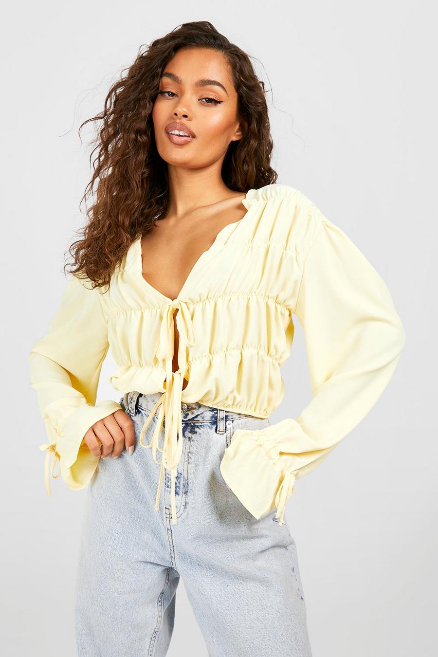 Lemon Flared Cuff Ruched Detail Blouse