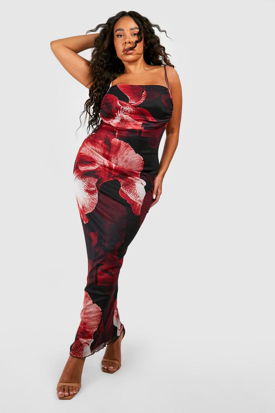 Vestito maxi pull-on Plus Size in rete con stampa a fiori astratti, Red image number 1