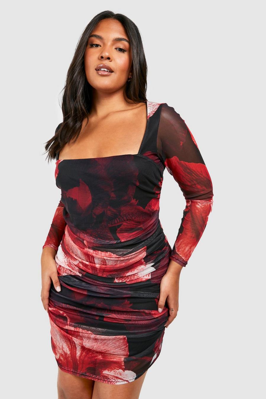 Red Plus Abstract Floral Print Mesh Bodycon Dress image number 1
