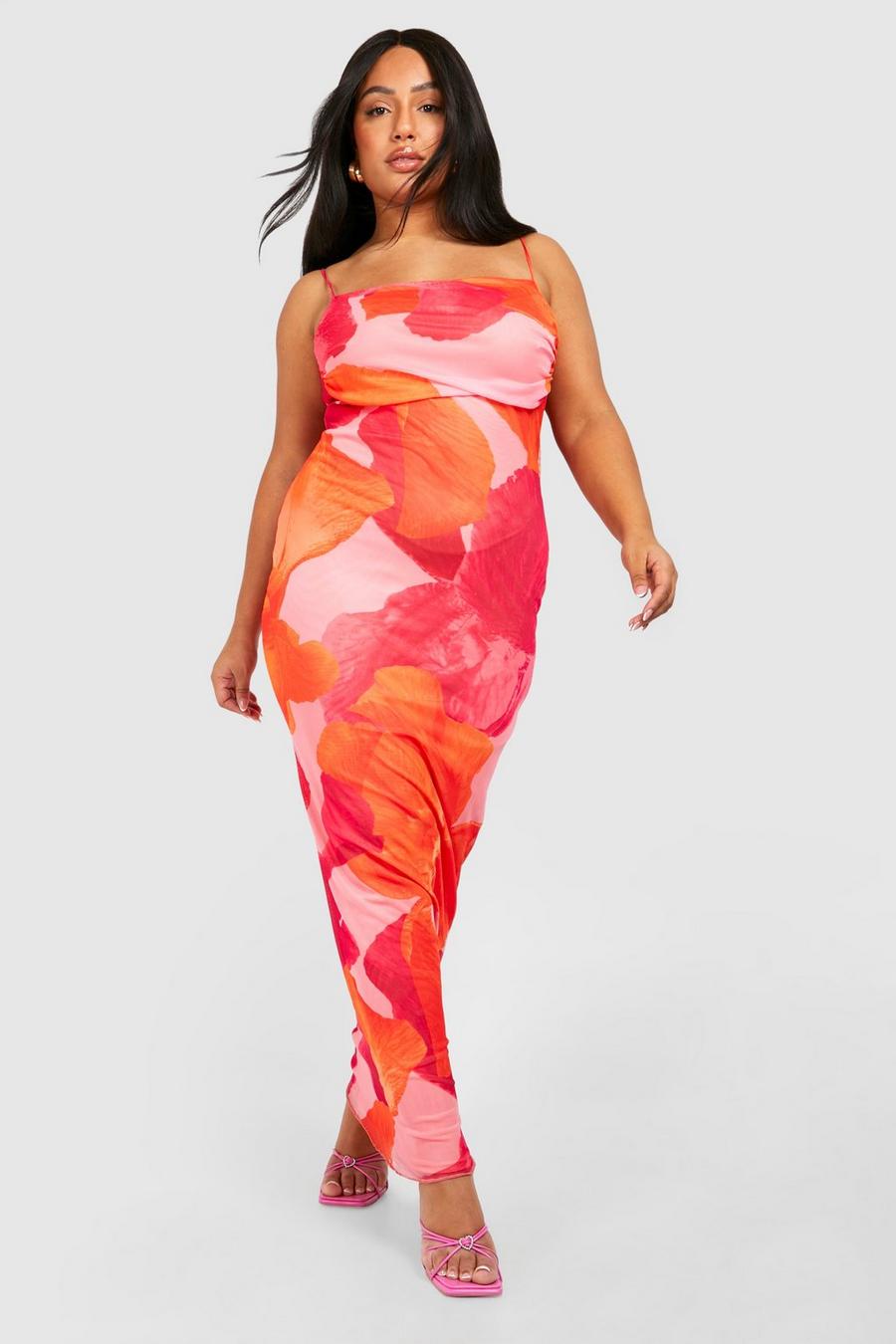 Vestito maxi pull-on Plus Size in rete con stampa a fiori astratti, Orange