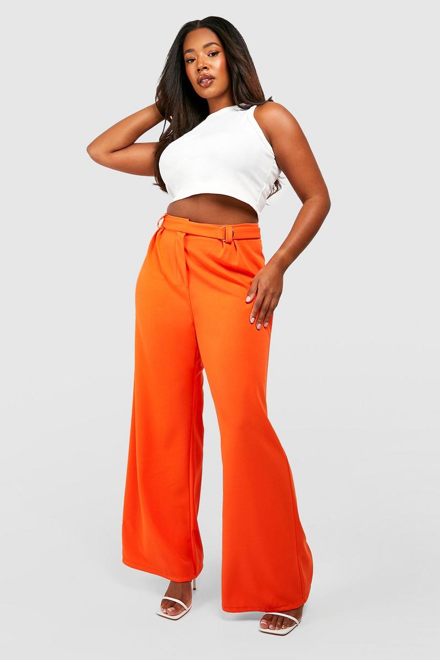 Pantalón Plus de pernera ancha y tela con cinturón, Orange