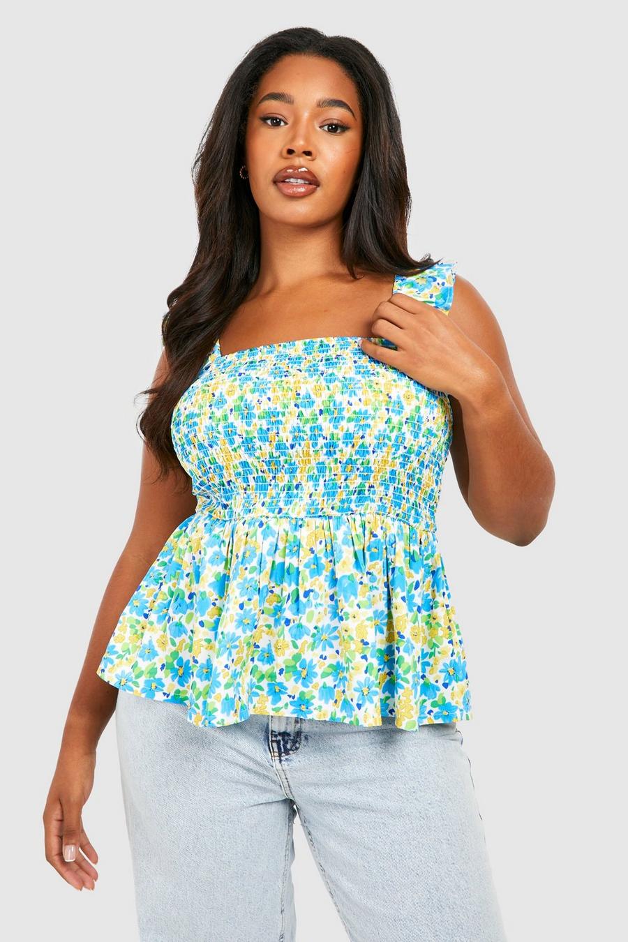 Blue Plus Ruffle Shoulder Shirred Smock Camisole