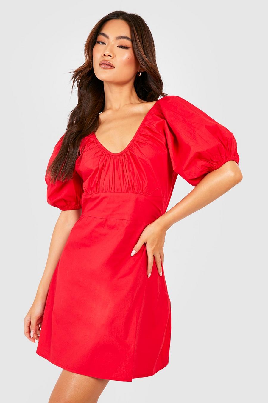 Red Cotton Poplin Puff Sleeve Scoop Mini Dress