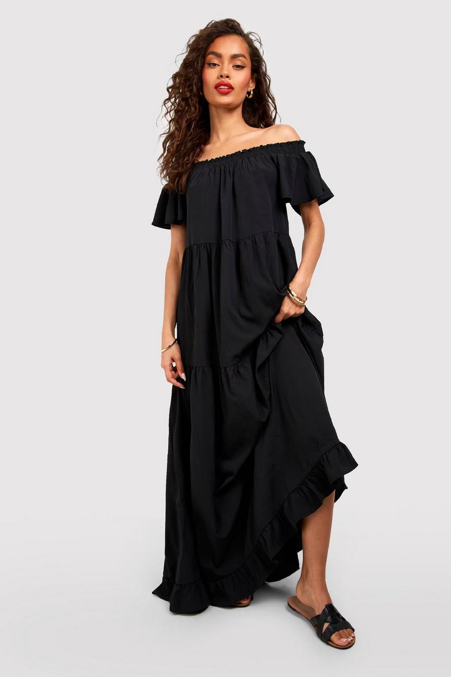 Black Off The Shoulder Ruffle Hem Maxi Dress