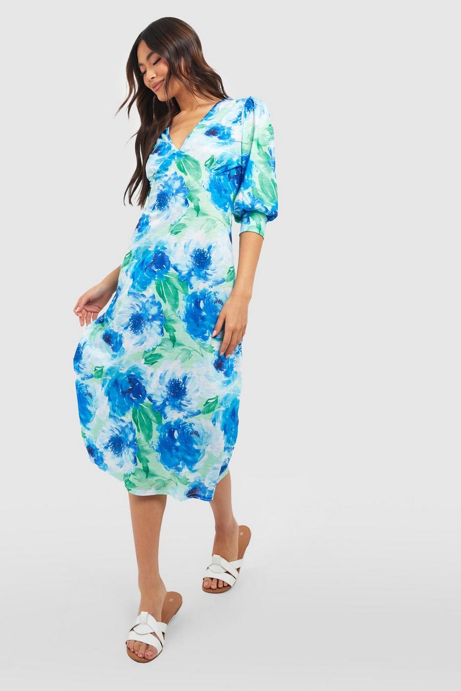 Blue Blommig knälång klänning med struktur image number 1