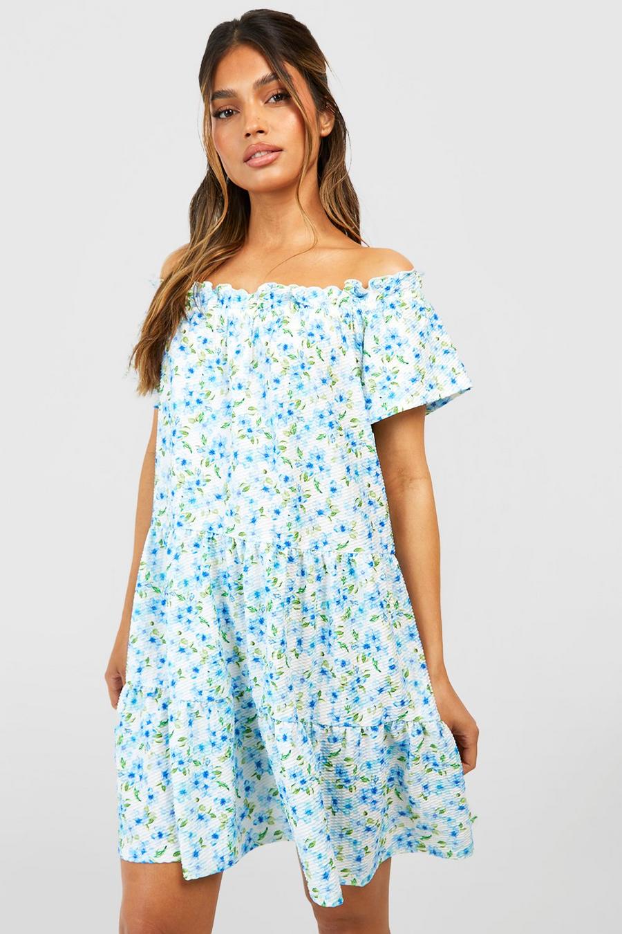 Ivory Floral Textured Off The Shoulder Smock Dress