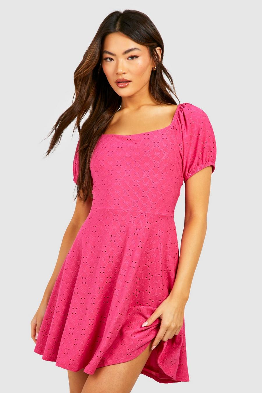Hot pink Soft Broderie Puff Sleeve Skater Dress