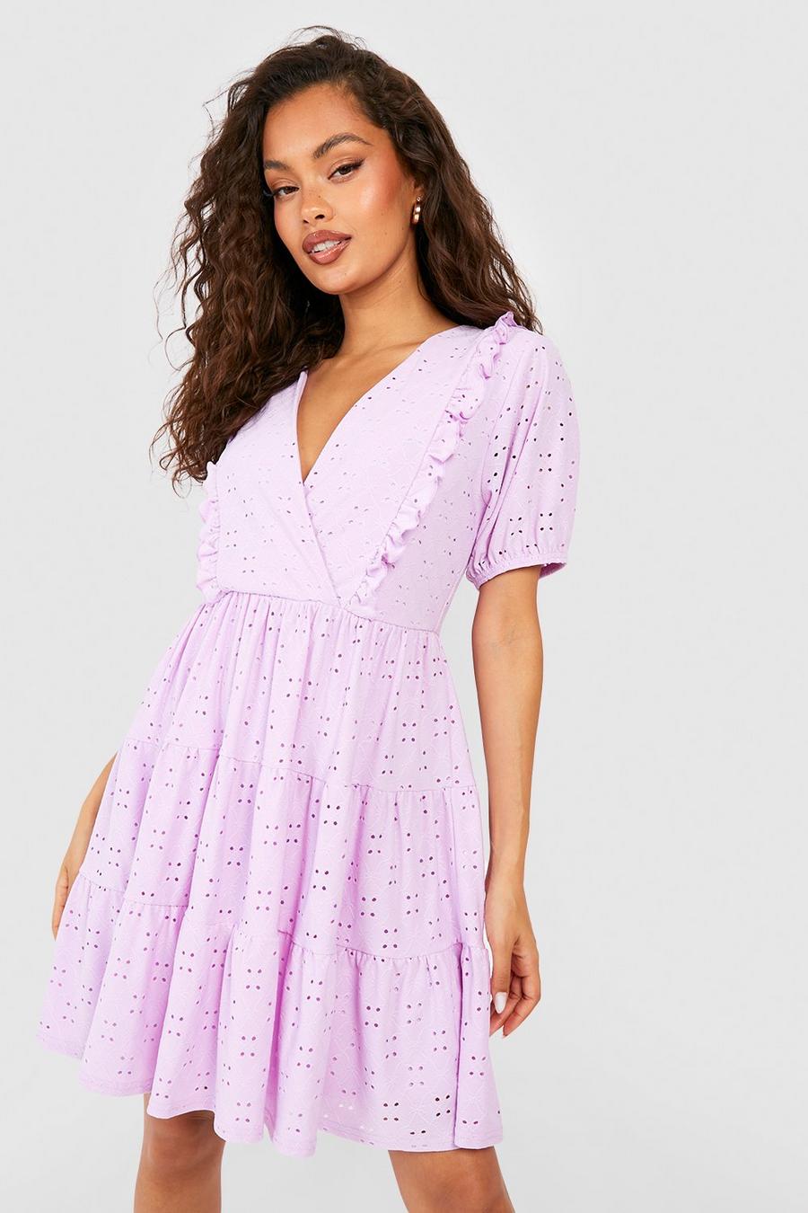 Lilac Soft Broderie Ruffle Smock Dress