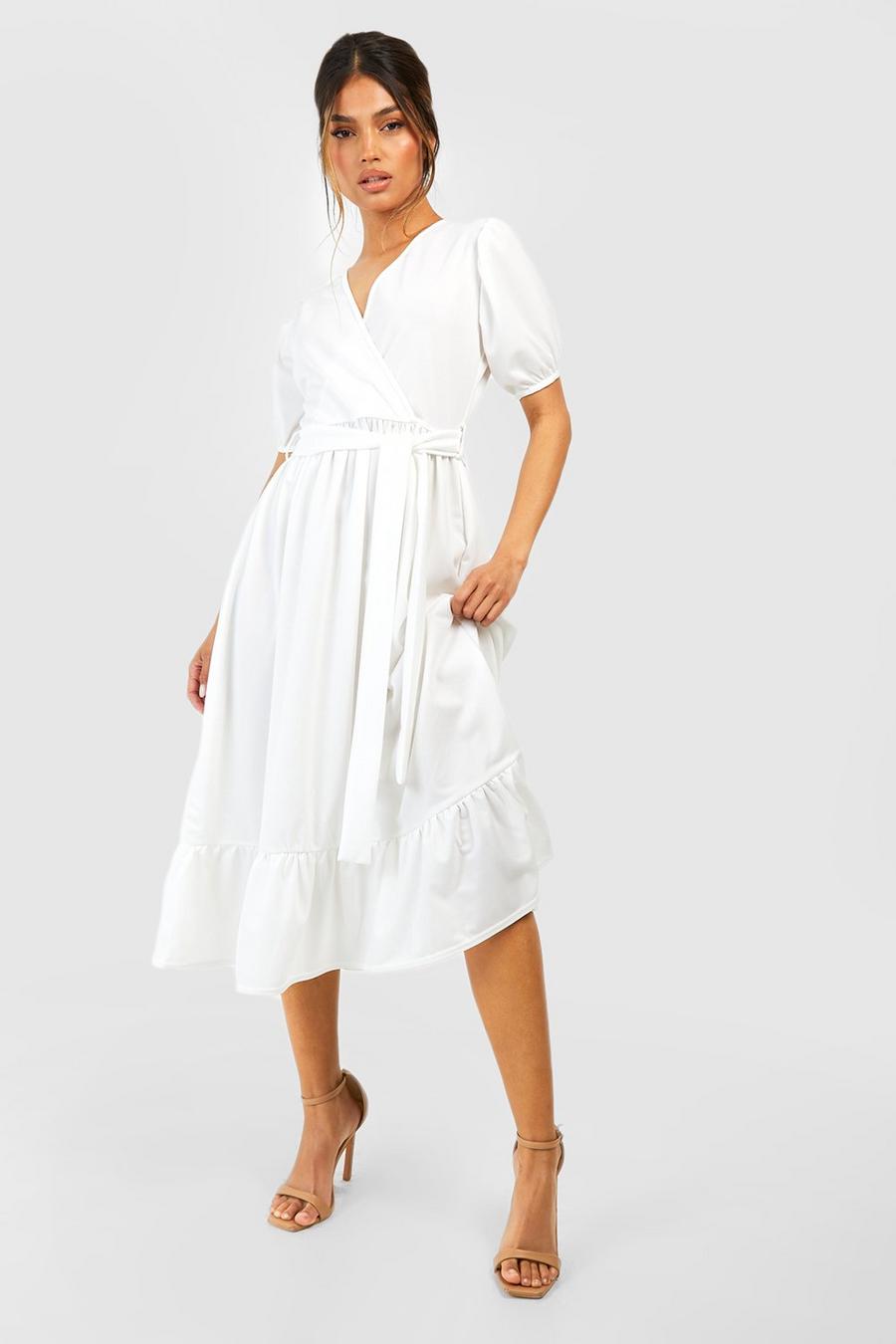 Ivory Puff Sleeve Wrap Midi Dress